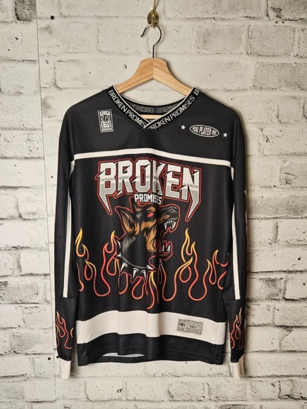 Broken Promises Flame Dog Graphic Hockey Jersey Streetwear Small